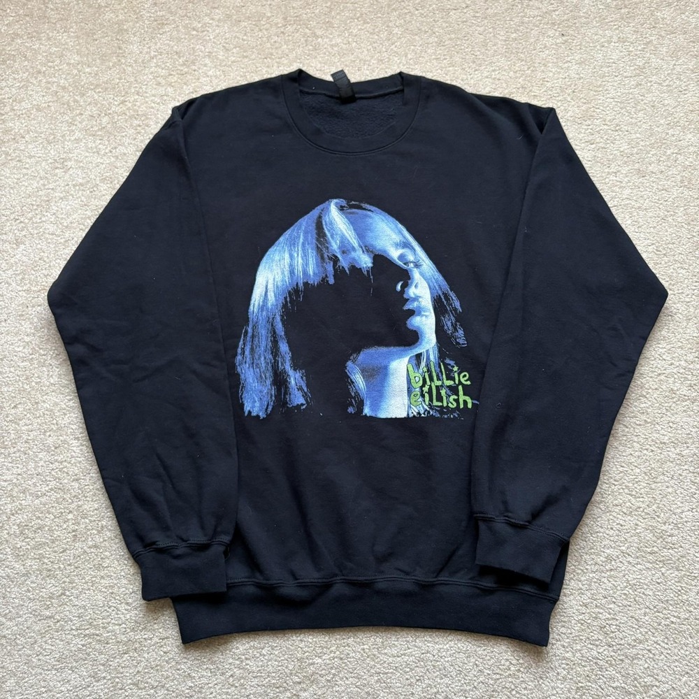 Billie Eilish Sweatshirt Mens Medium Black Crewneck Portrait Graphic Pullover